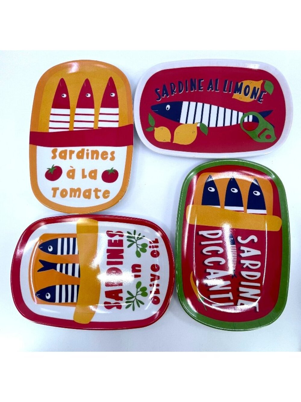 c&c california melamine appetizer plates featuring playful, sardine themed desig